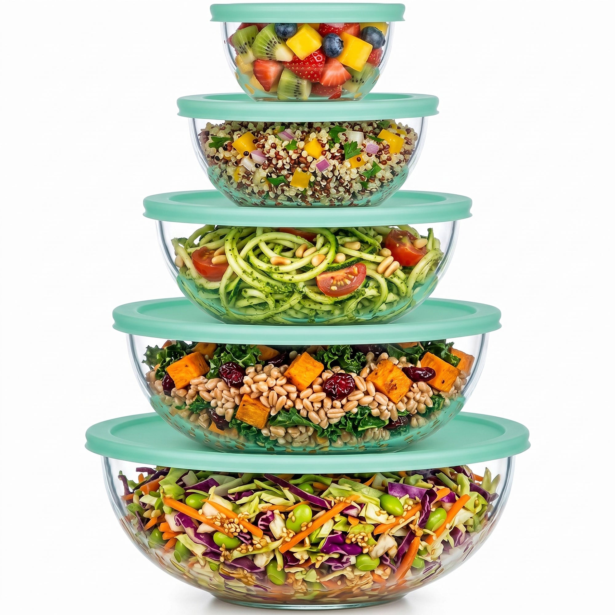 Glas-Salatschüssel Set mit Deckel - 5er Set