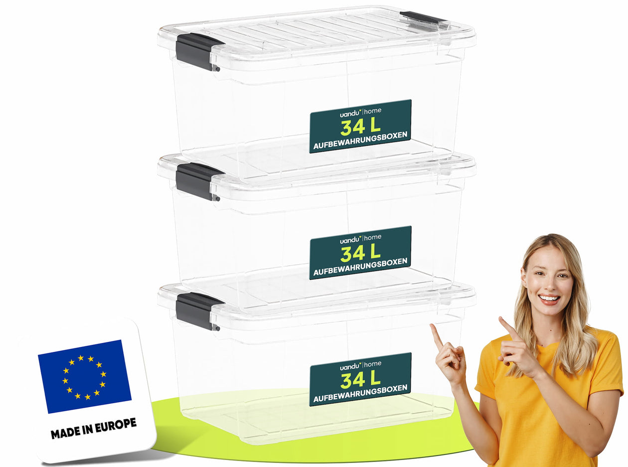 Aufbewahrungsboxen mit Deckel, Set mit 34 Liter Boxen, BPA-frei