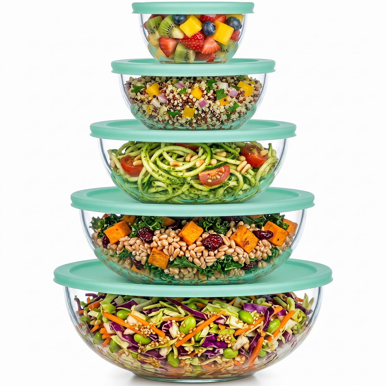 Glas-Salatschüssel Set mit Deckel - 5er Set