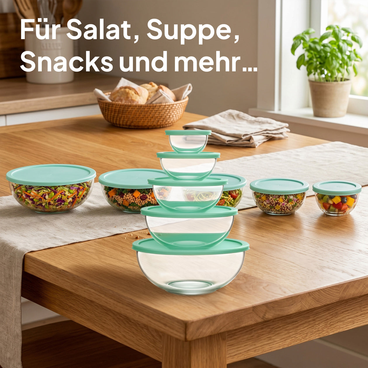 Glas-Salatschüssel Set mit Deckel - 5er Set